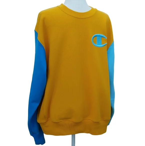 Champion Men's Embroidered Reverse Weave Crewneck in Mustard Teal size Large - Picture 6 of 15